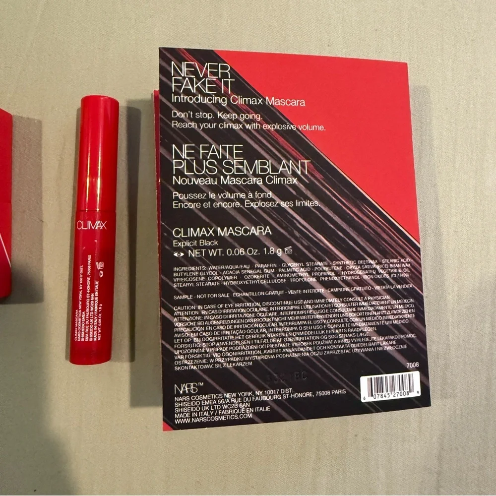 NARS Lipstick, Orgasm Blush, Mascara, Foundation Sample Set w Black Canvas Bag
